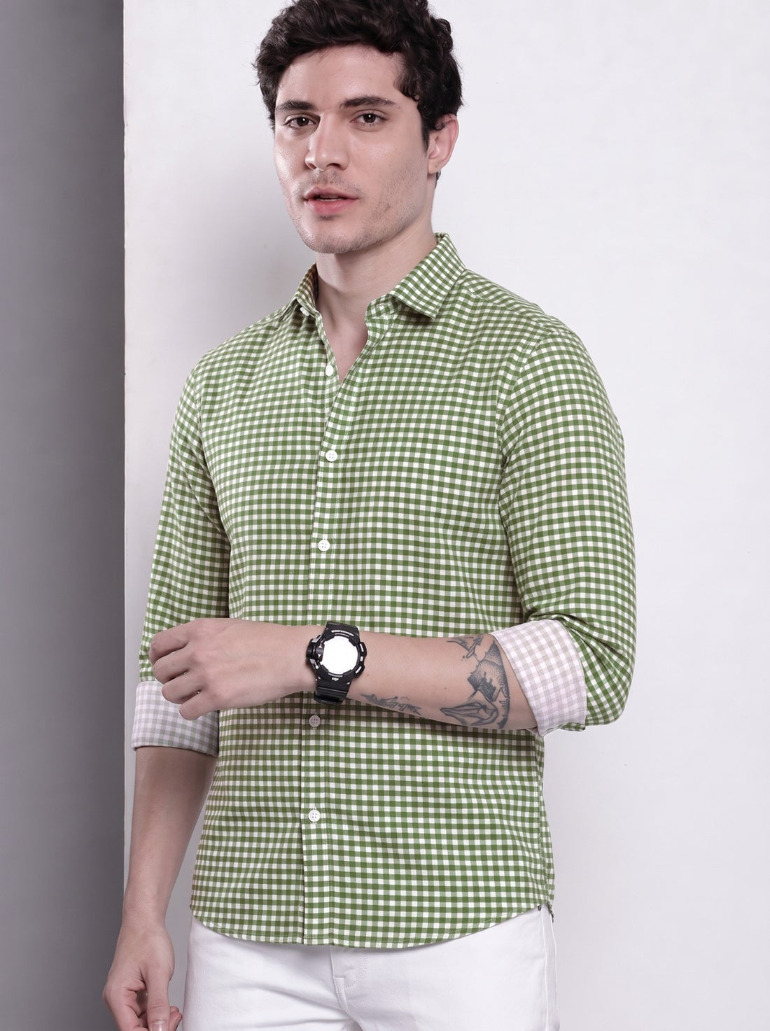 Men's Green Mini Gingham Checked Cotton Blend Casual Shirt by WOXEN – image 1 of 5