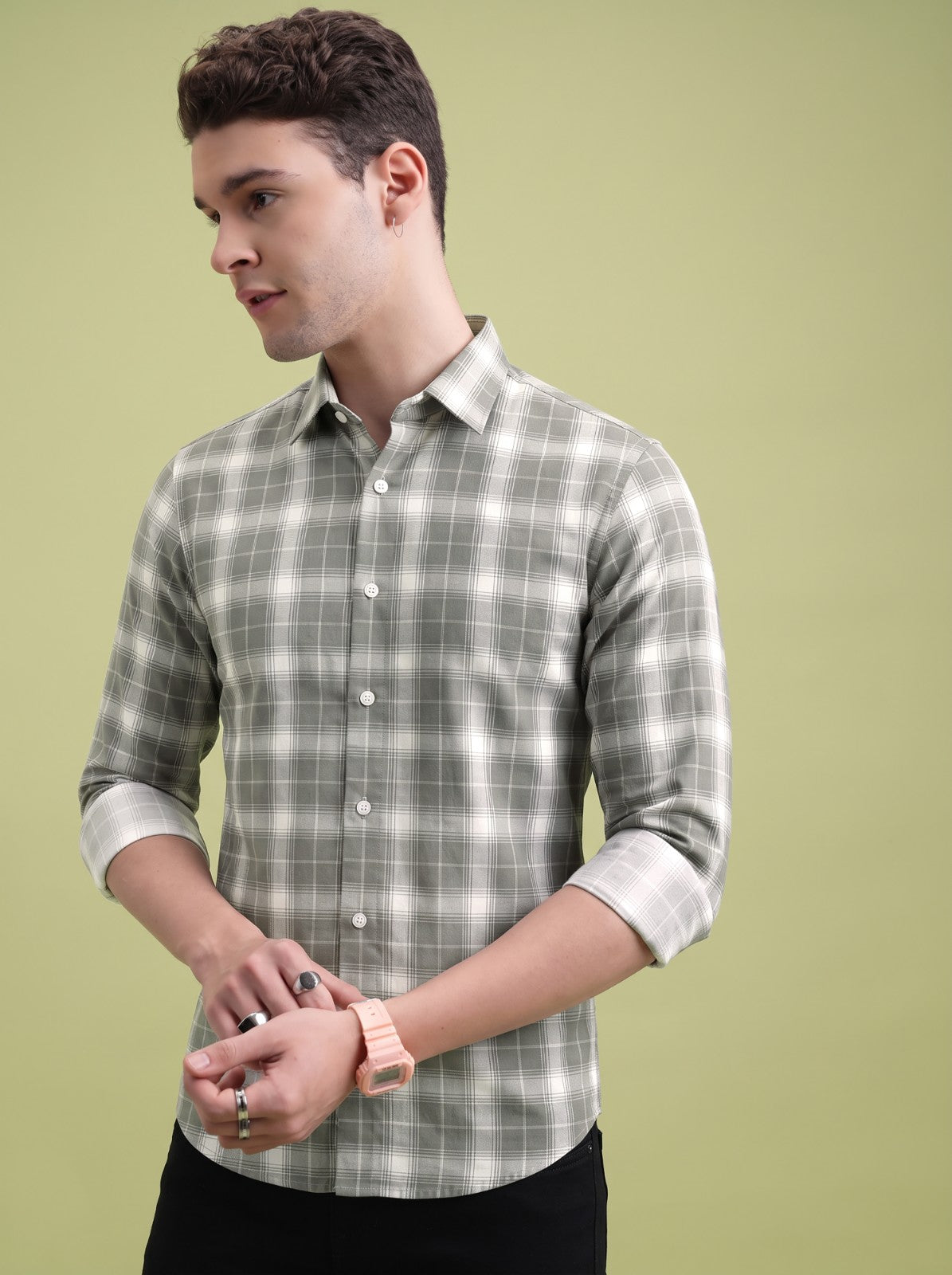 Men's Classic Grey Checked Cotton Blend Casual Shirt