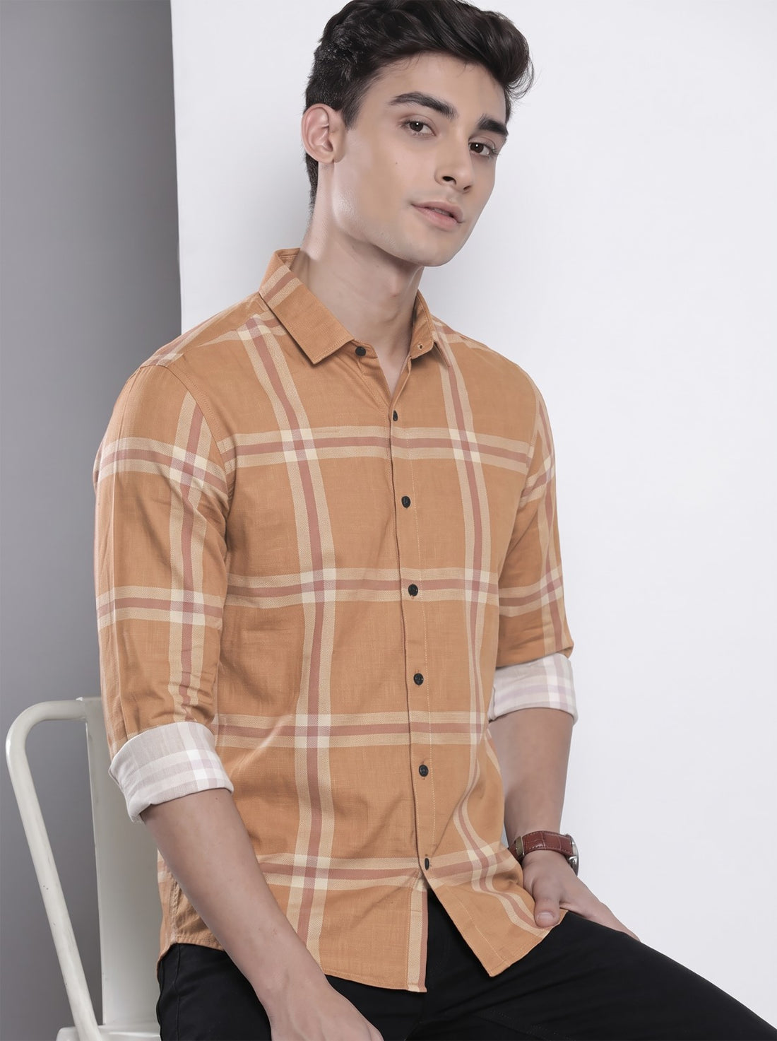 Men's Brown Checked Cotton Blend Casual Shirt by WOXEN – image 1 of 5