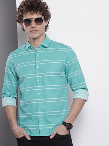 Men's Sea Green Horizontal Striped Cotton Blend Casual Shirt
