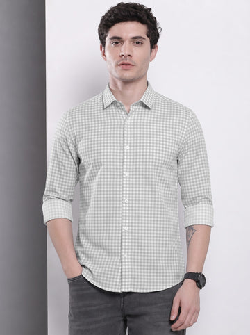 Men's Grey Mini Gingham Checked Cotton Blend Casual Shirt