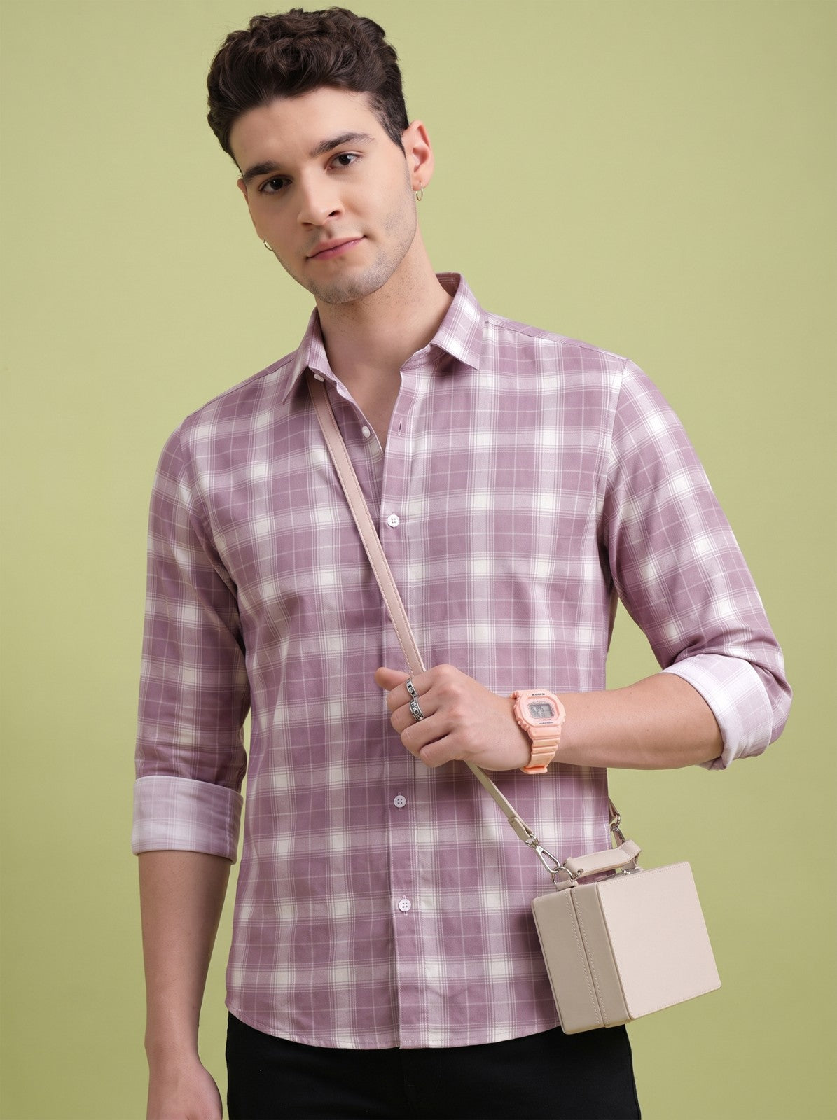 Men's Classic Purple Checked Cotton Blend Casual Shirt