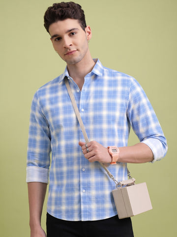 Men's Classic Blue Checked Cotton Blend Casual Shirt
