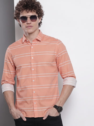 Men's Orange Horizontal Striped Cotton Blend Casual Shirt