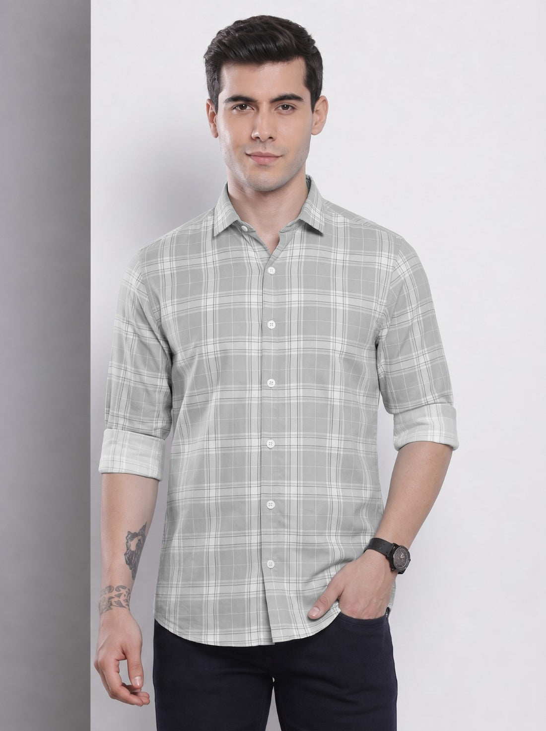 Men's Grey Classic Checkered Cotton Blend Casual Shirt by WOXEN – image 1 of 5