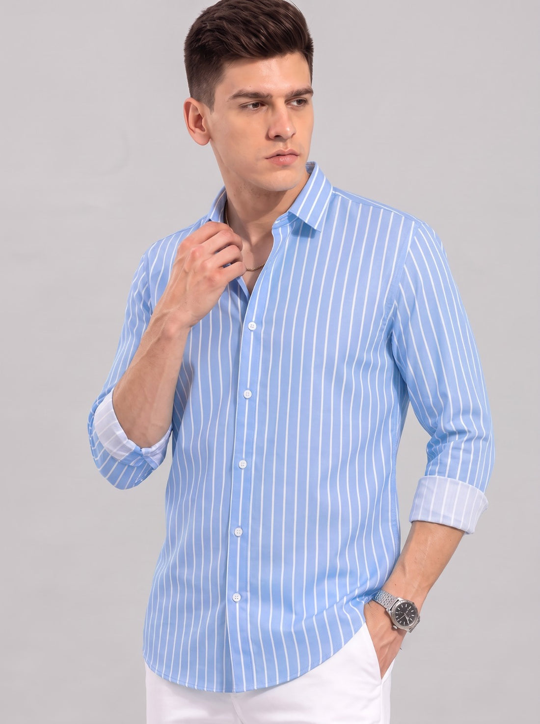 Men's Sky Blue Classic Pinstripe Cotton Blend Casual Shirt by WOXEN – image 1 of 5