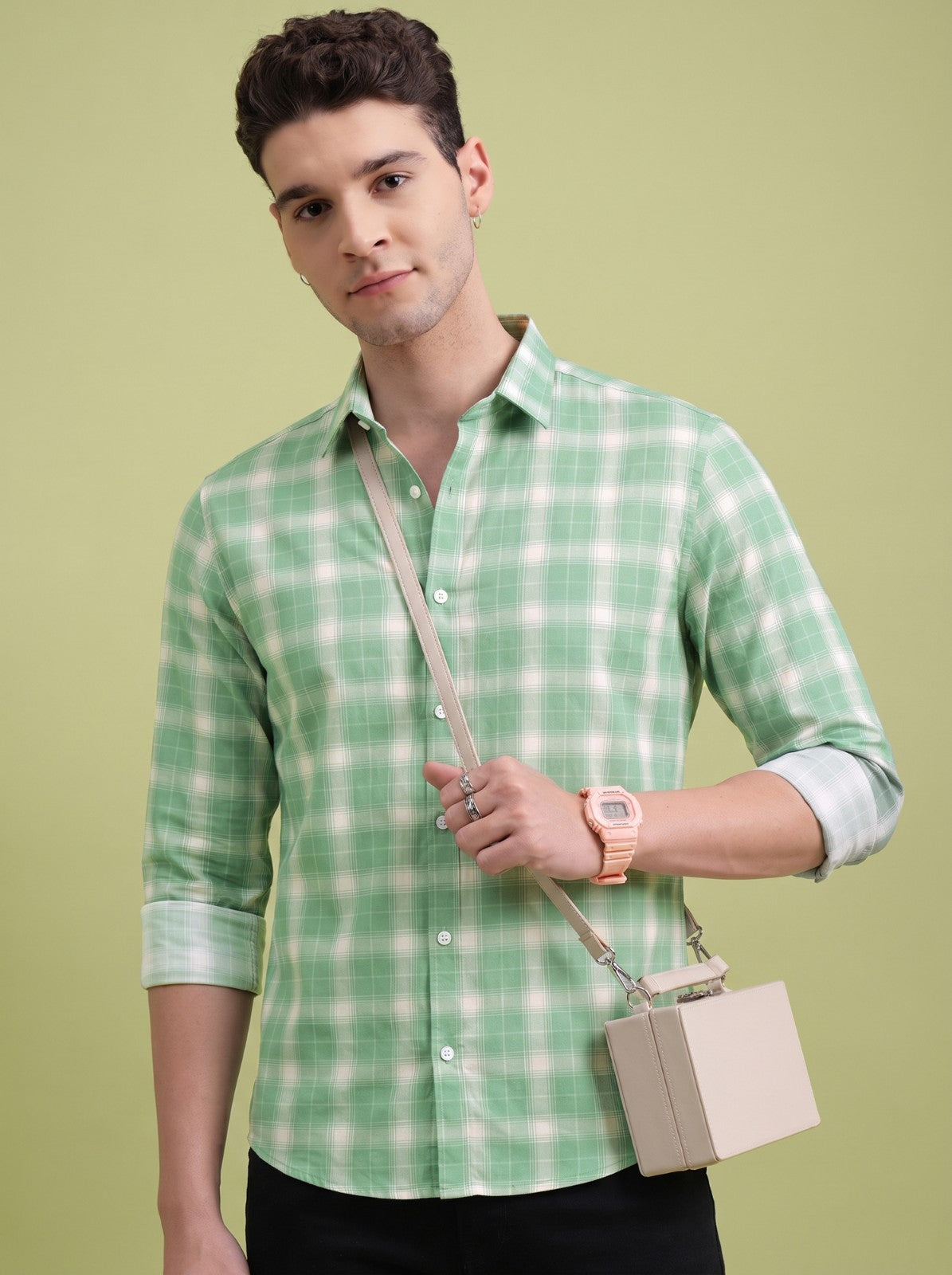 Men's Classic Green Checked Cotton Blend Casual Shirt