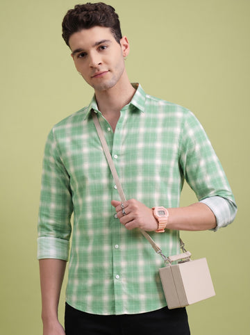 Men's Classic Green Checked Cotton Blend Casual Shirt