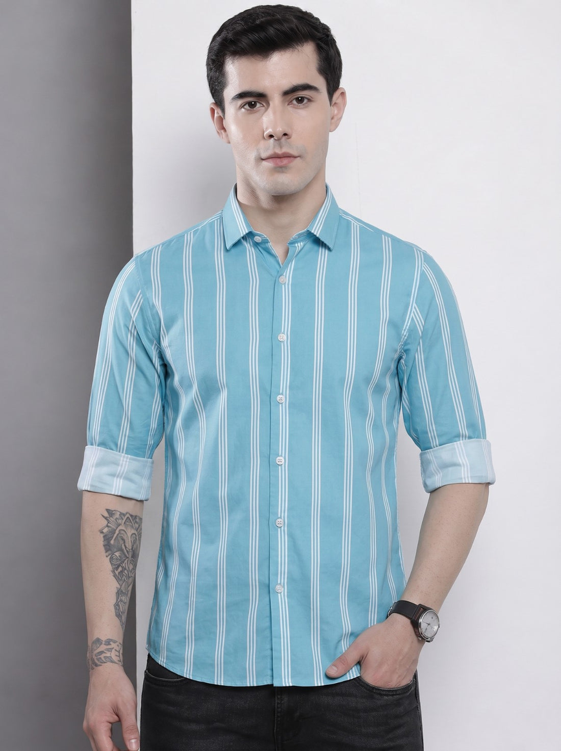 Men's Aqua Vertical Striped Cotton Blend Casual Shirt by WOXEN – image 1 of 5