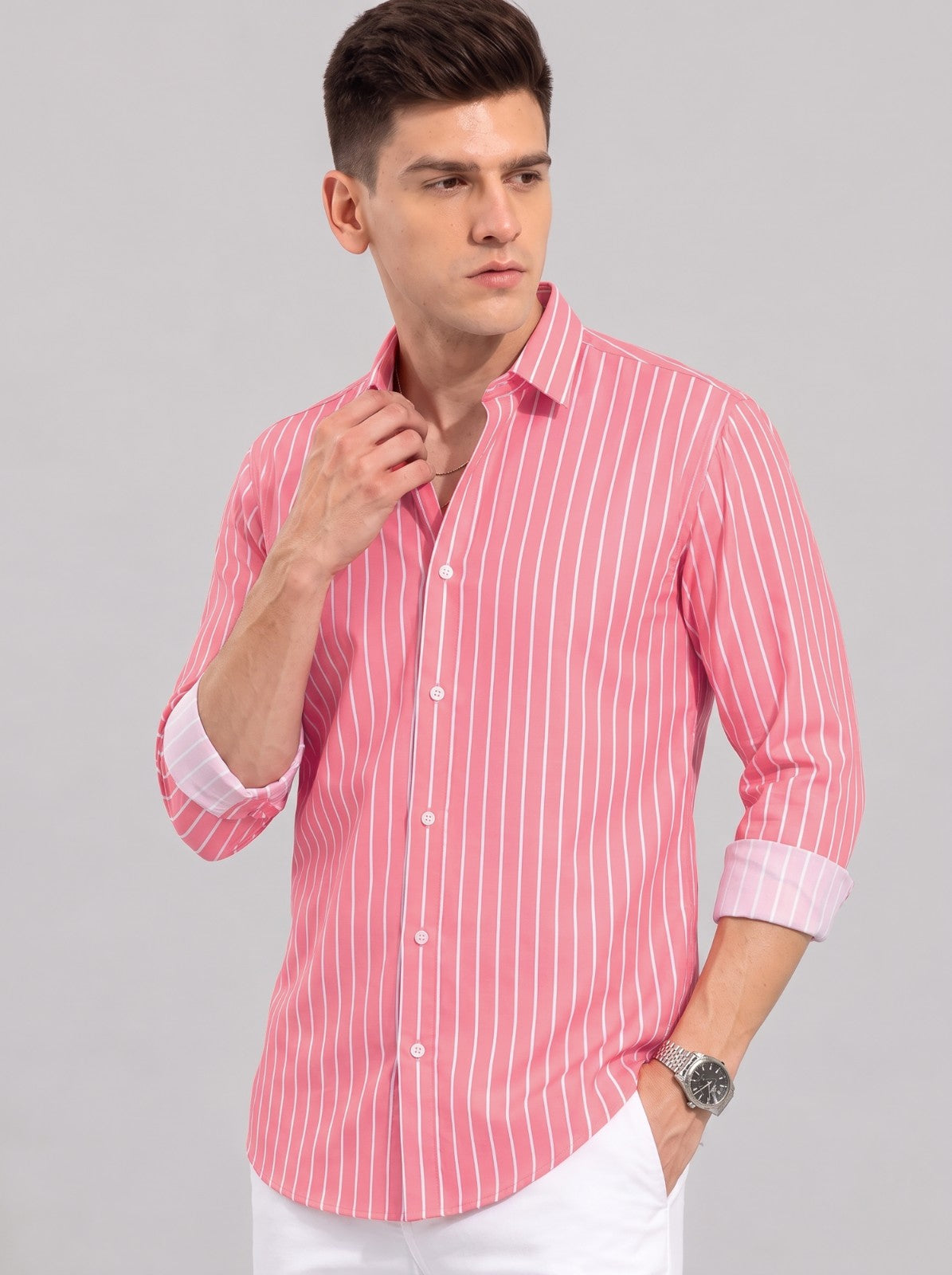 Men's Pink Classic Pinstripe Cotton Blend Casual Shirt