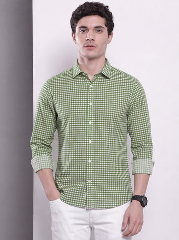 Men's Green Mini Gingham Checked Cotton Blend Casual Shirt