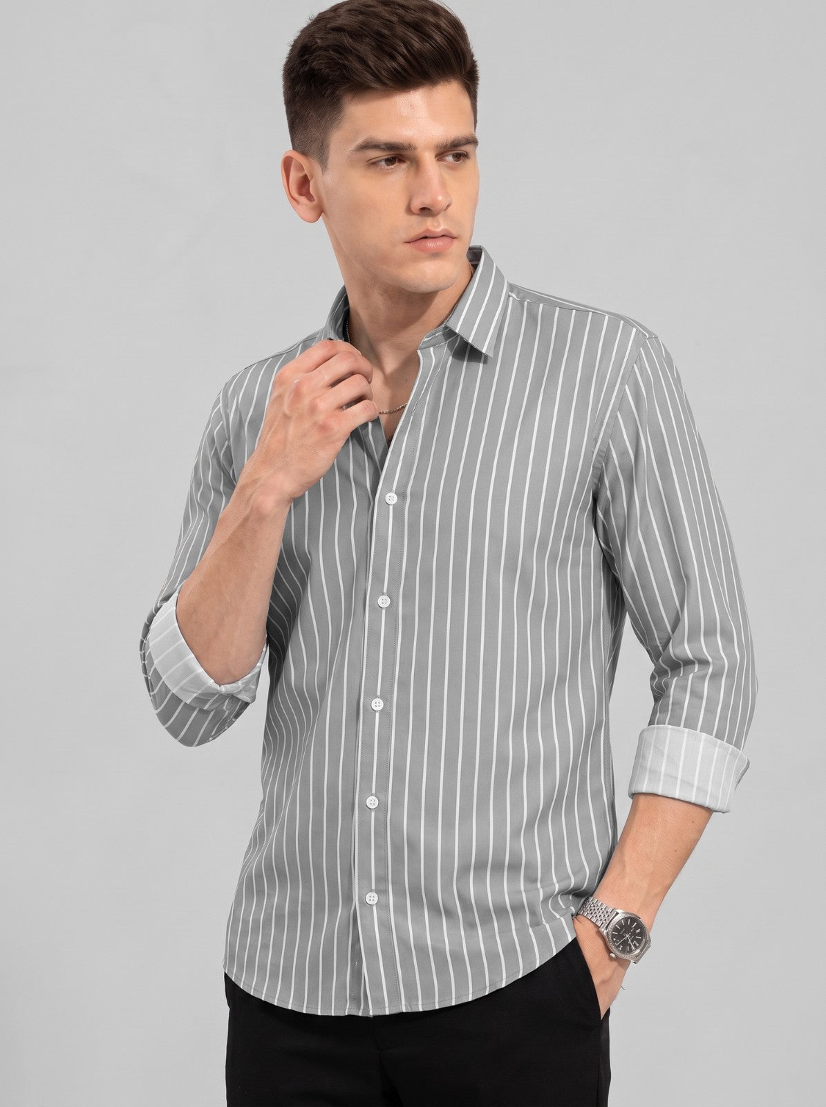 Men's Grey Classic Pinstripe Cotton Blend Casual Shirt