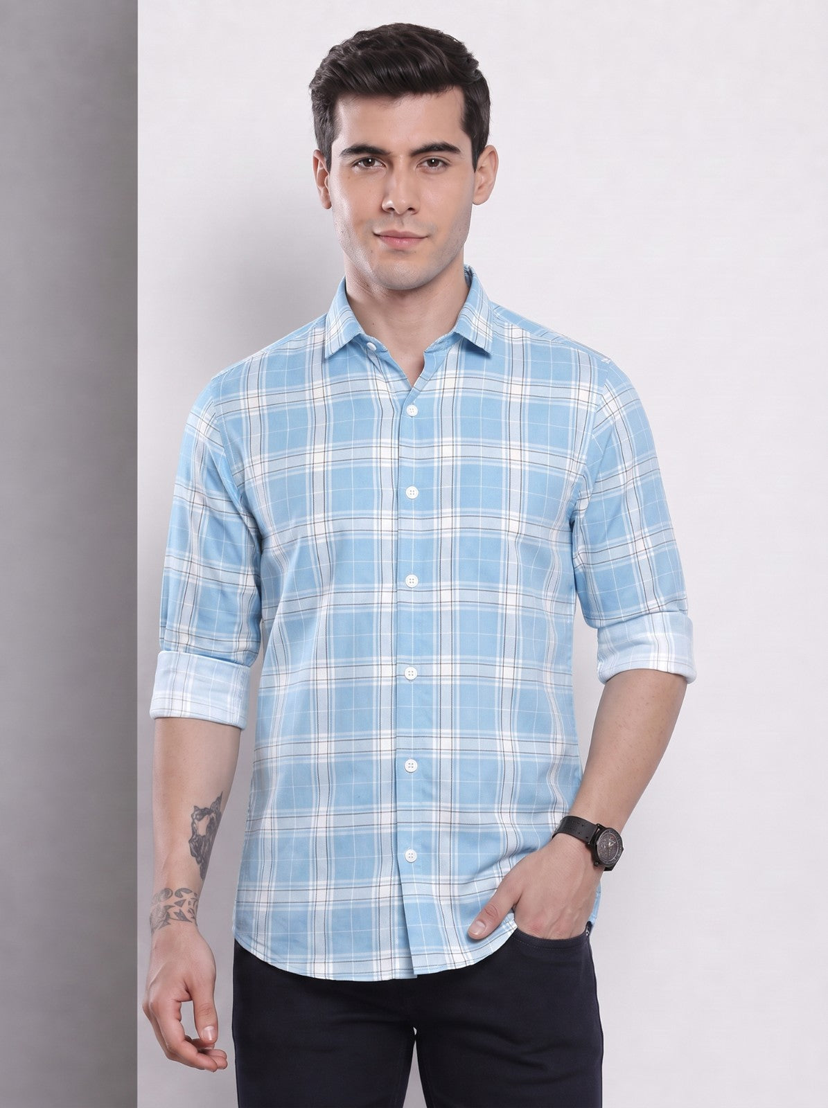 Men's Sky Blue Classic Checkered Cotton Blend Casual Shirt