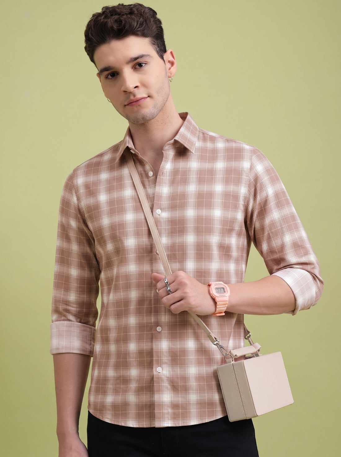 Men's Classic Brown Checked Cotton Blend Casual Shirt by WOXEN – image 1 of 5
