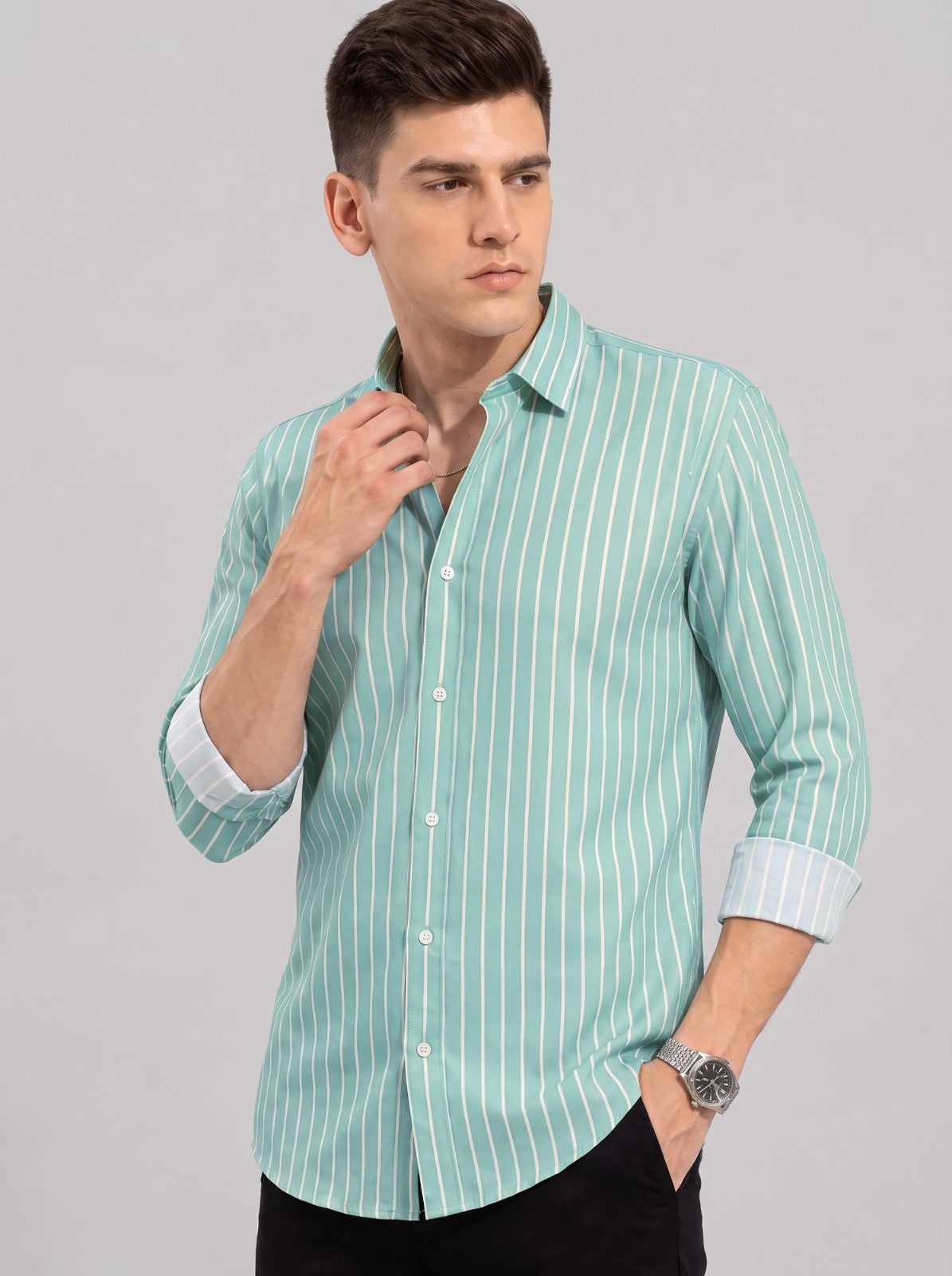 Men's Green Classic Pinstripe Cotton Blend Casual Shirt