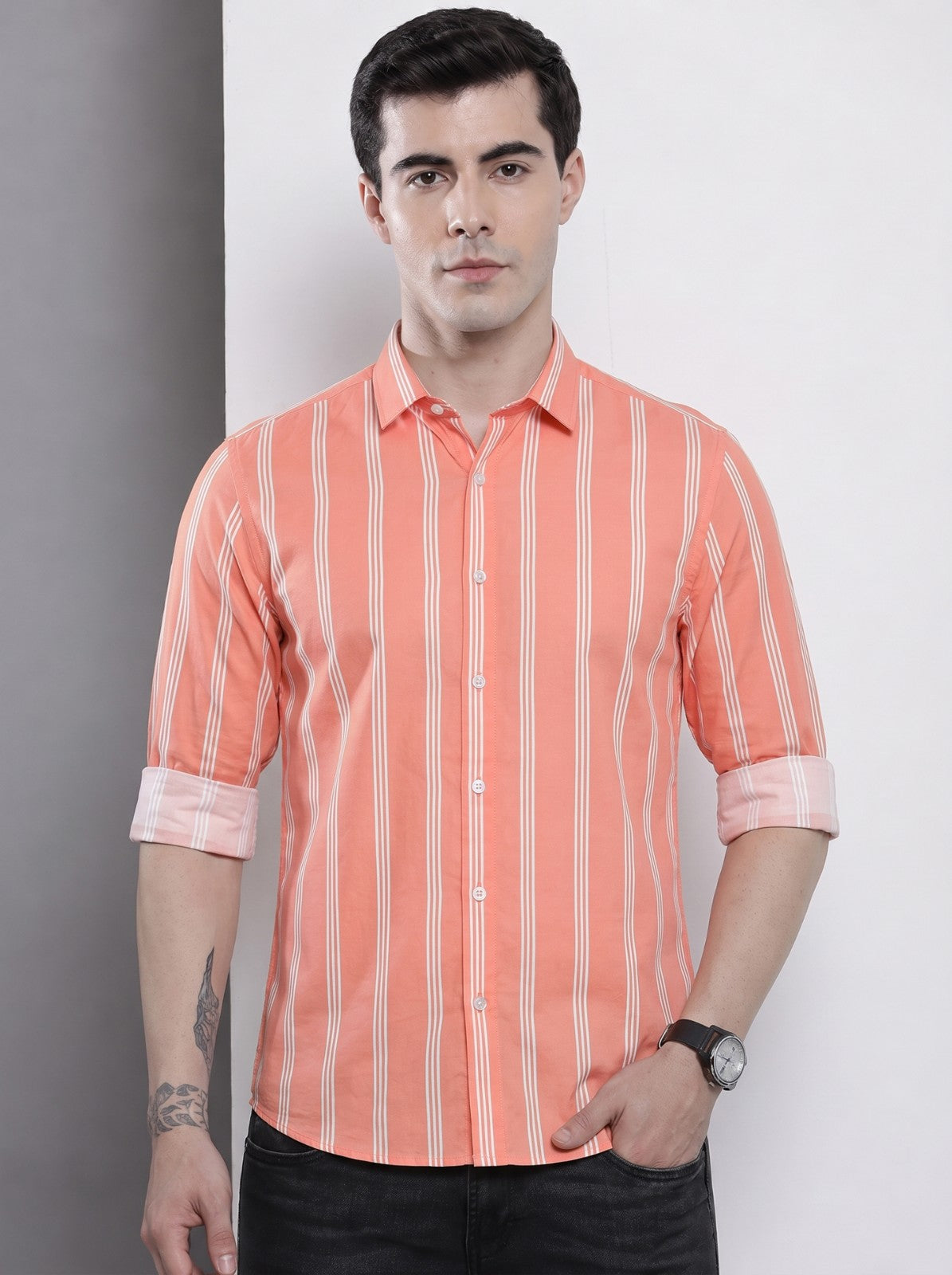 Men's Orange Vertical Striped Cotton Blend Casual Shirt