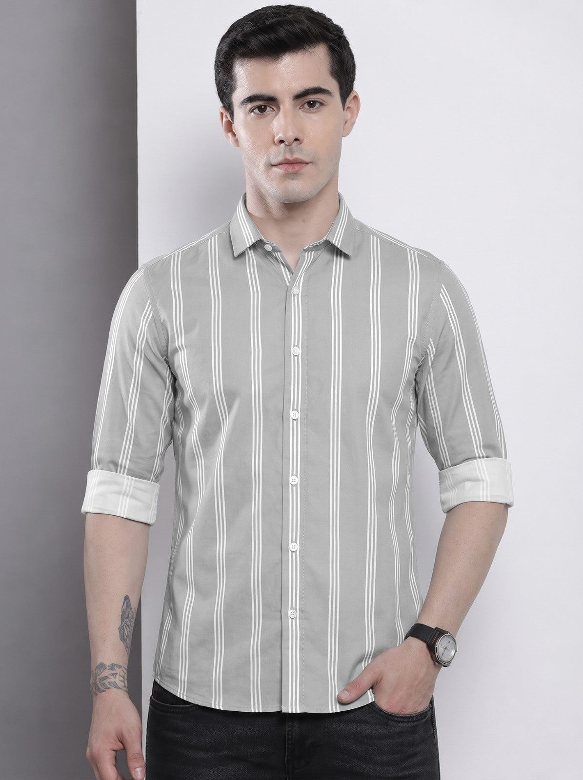Men's Grey Vertical Striped Cotton Blend Casual Shirt