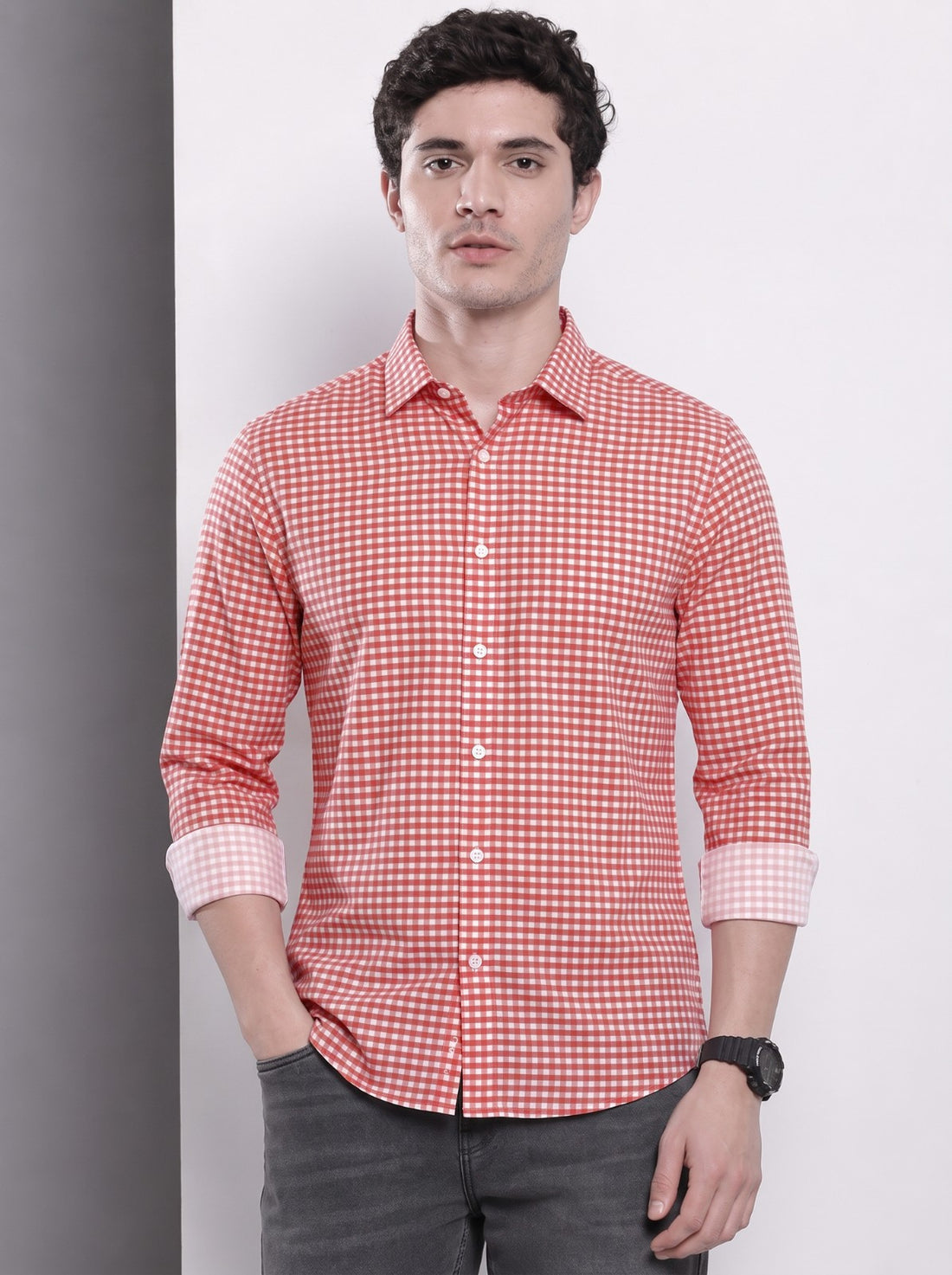 Men's Red Mini Gingham Checked Cotton Blend Casual Shirt by WOXEN – image 1 of 5