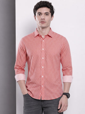 Men's Red Mini Gingham Checked Cotton Blend Casual Shirt