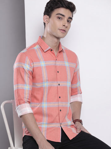 Men's Coral Pink Checked Cotton Blend Casual Shirt