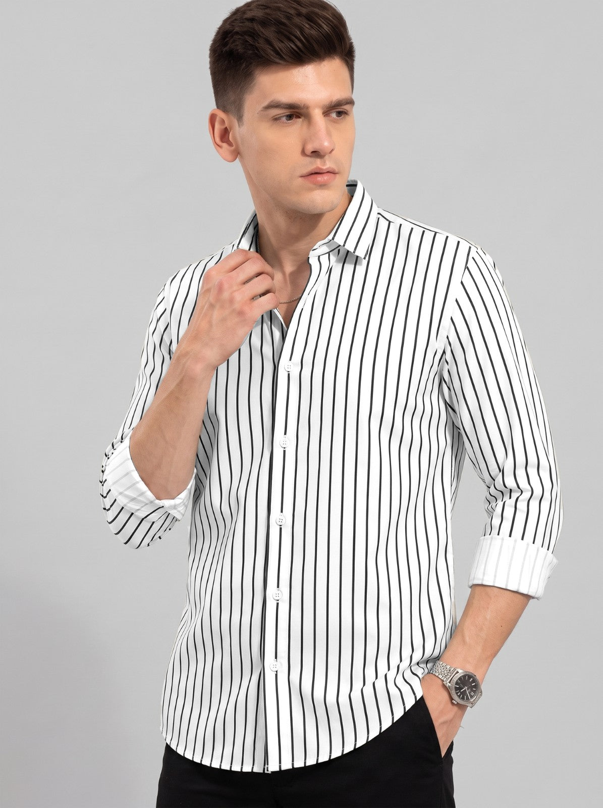 Men's White Classic Pinstripe Cotton Blend Casual Shirt