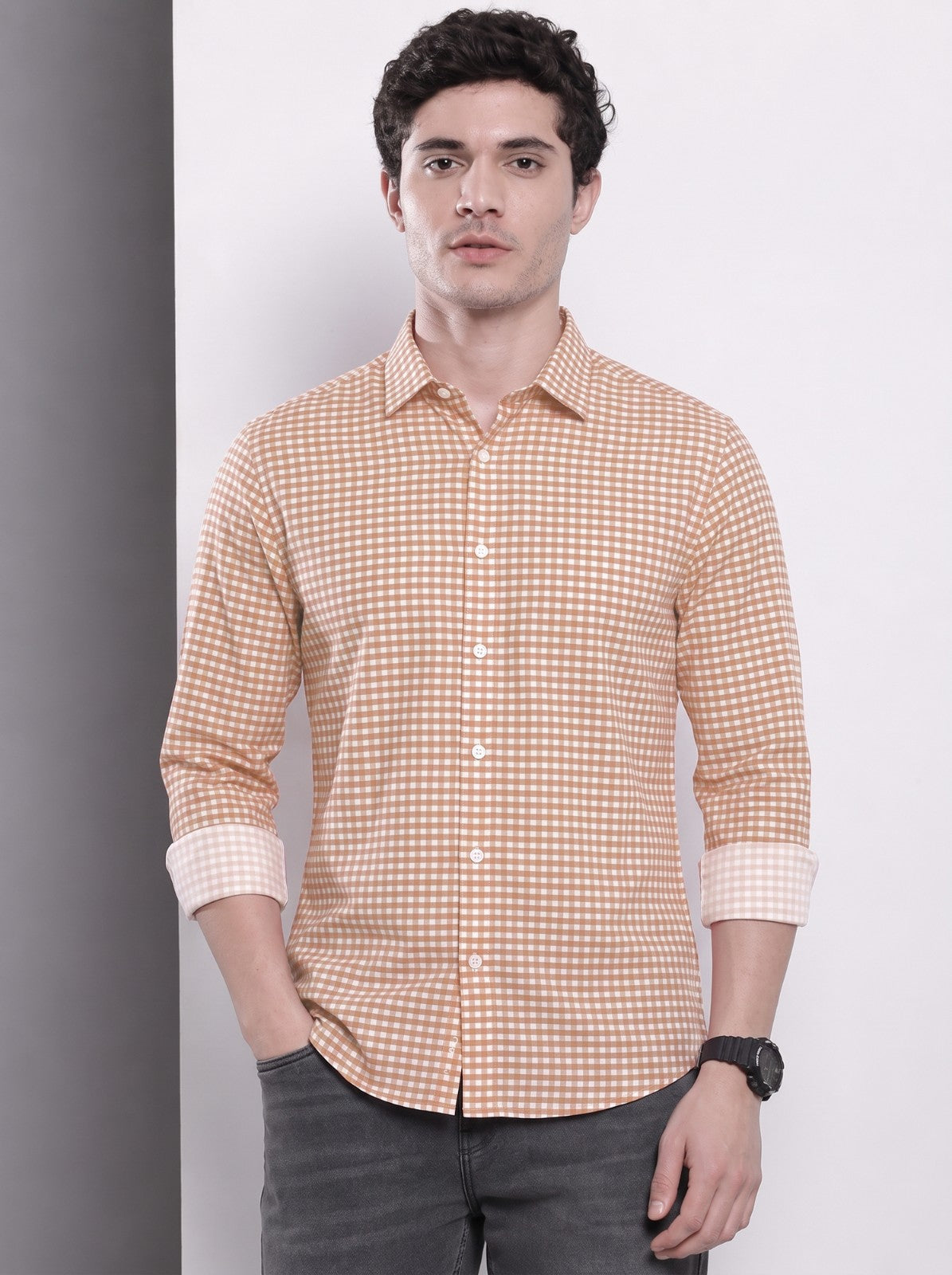 Men's Brown Mini Gingham Checked Cotton Blend Casual Shirt