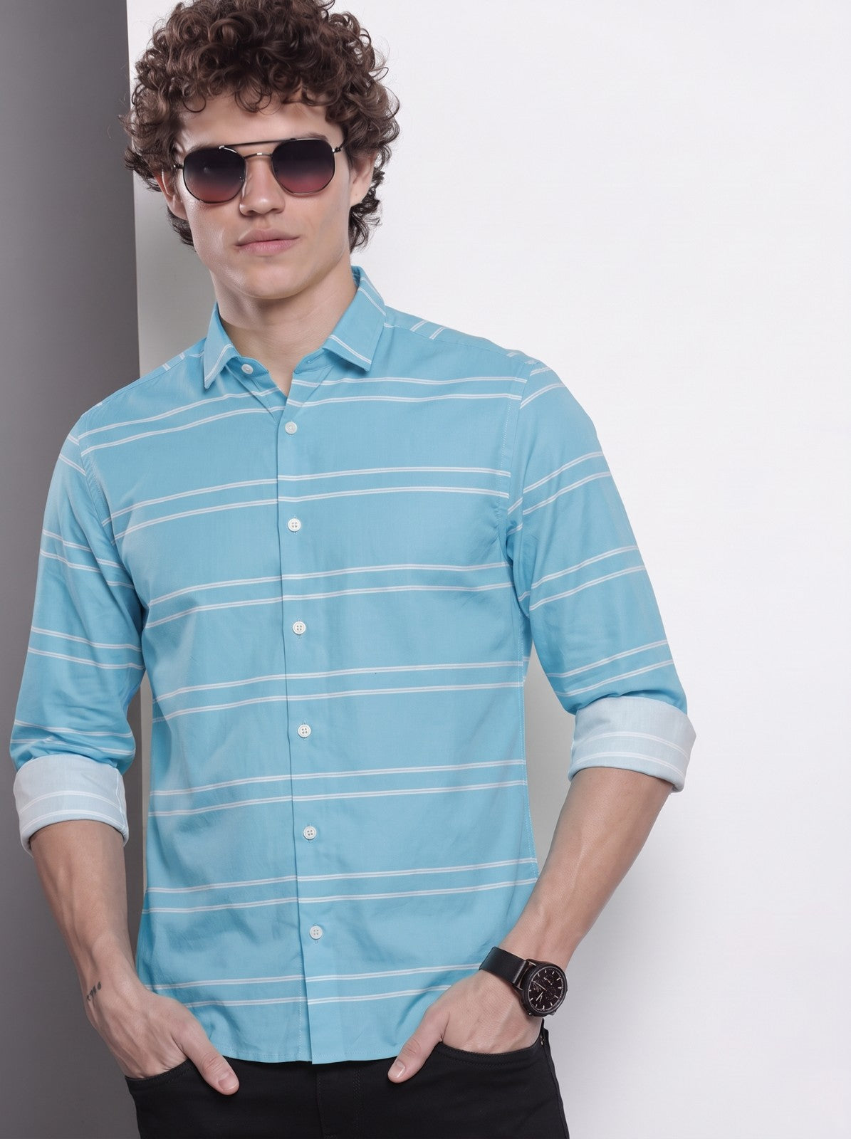Men's Sky Blue Horizontal Striped Cotton Blend Casual Shirt