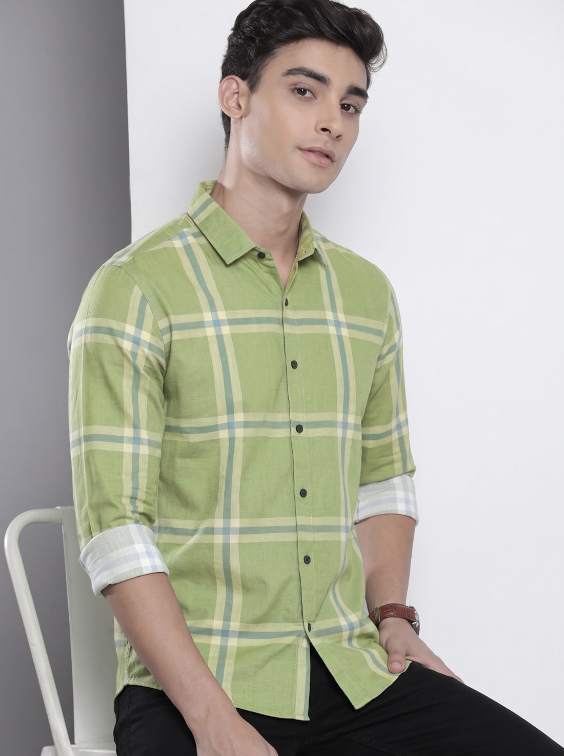 Men's Light Green Checked Cotton Blend Casual Shirt by WOXEN – image 1 of 5