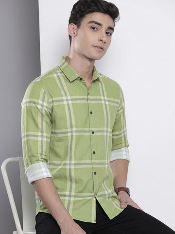 Men's Light Green Checked Cotton Blend Casual Shirt