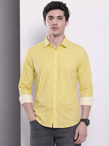 Men's Yellow Mini Gingham Checked Cotton Blend Casual Shirt