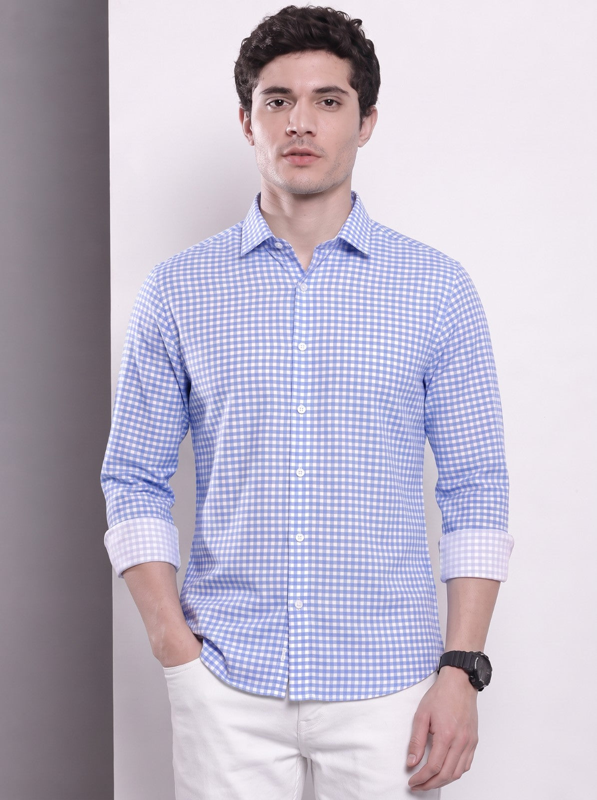 Men's Blue Mini Gingham Checked Cotton Blend Casual Shirt