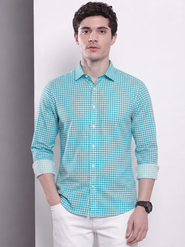 Men's Aqua Mini Gingham Checked Cotton Blend Casual Shirt