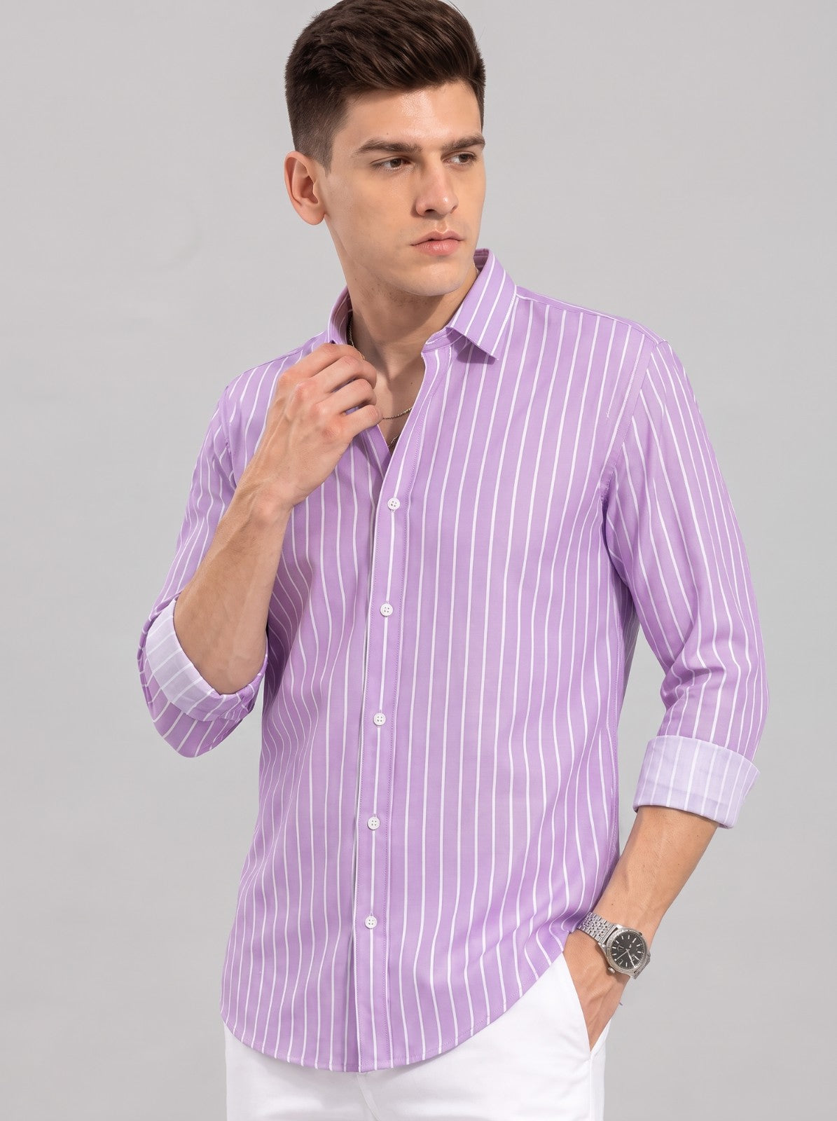 Men's Purple Classic Pinstripe Cotton Blend Casual Shirt