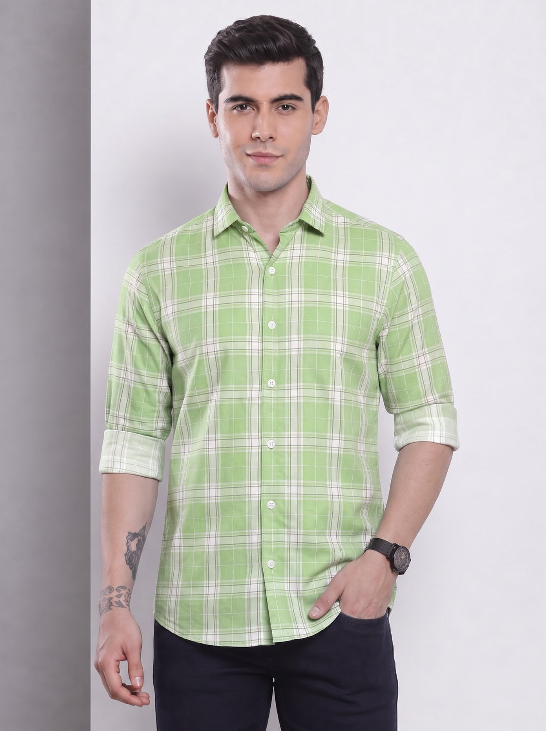 Men's Green Classic Checkered Cotton Blend Casual Shirt by WOXEN – image 1 of 5