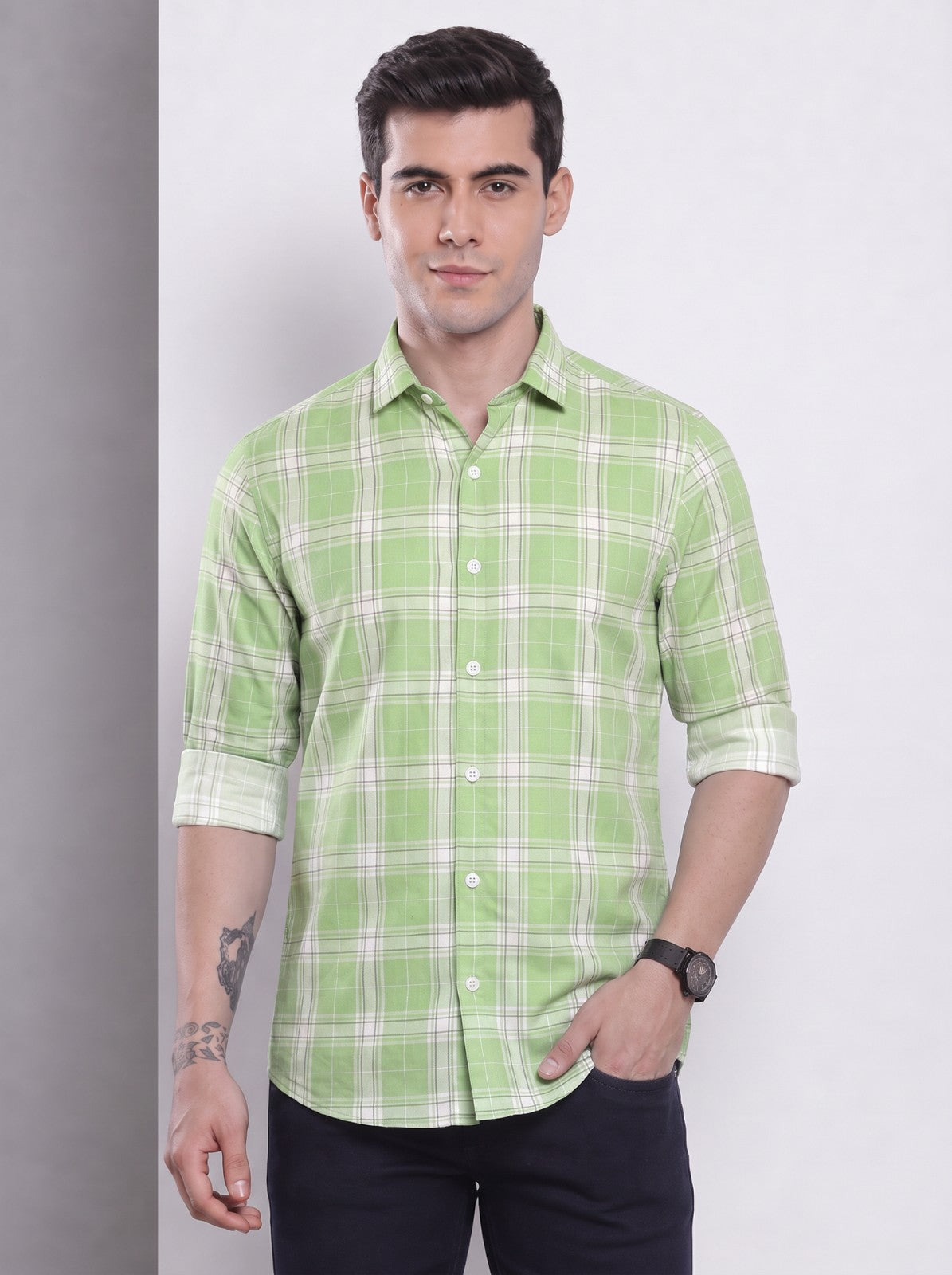 Men's Green Classic Checkered Cotton Blend Casual Shirt