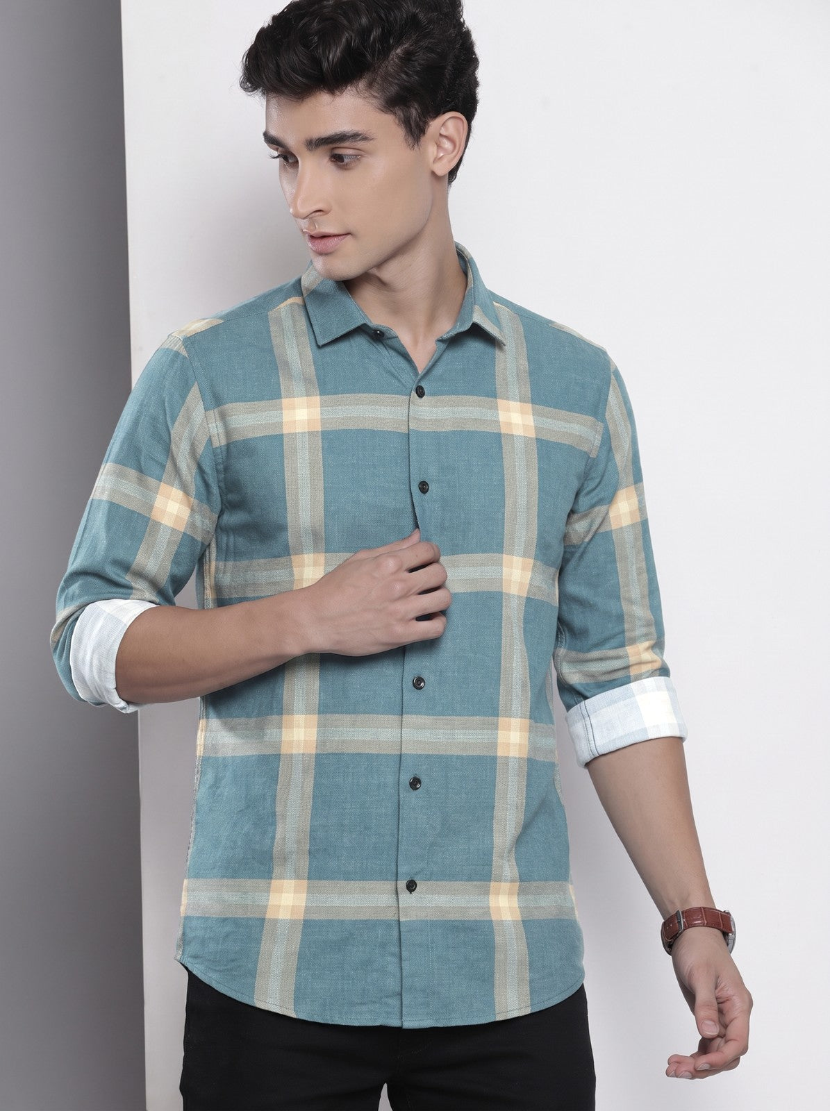 Men's Teal Blue Checked Cotton Blend Casual Shirt