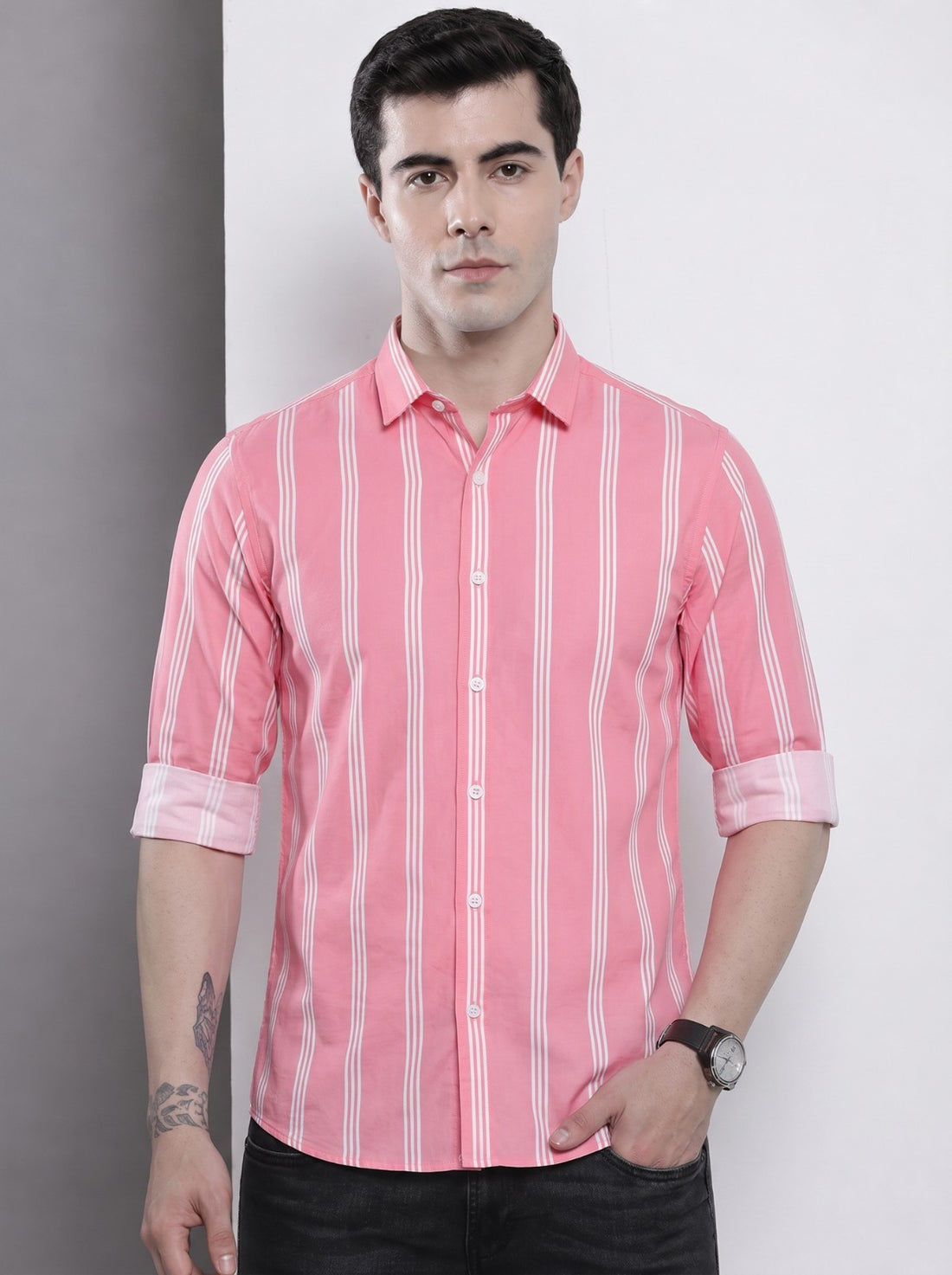 Men's Pink Vertical Striped Cotton Blend Casual Shirt by WOXEN – image 1 of 5