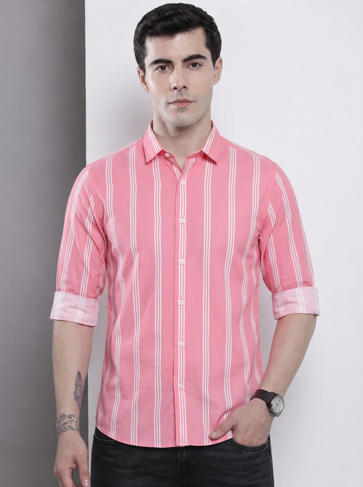 Men's Pink Vertical Striped Cotton Blend Casual Shirt