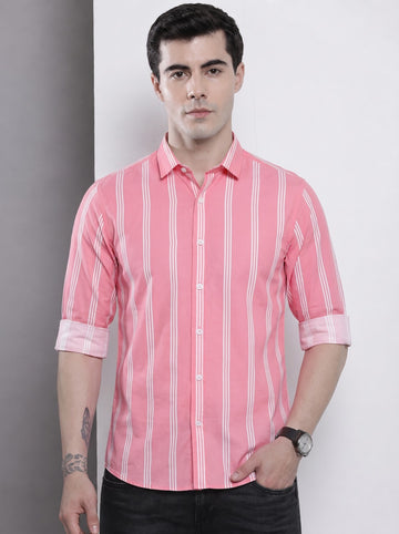 Men's Pink Vertical Striped Cotton Blend Casual Shirt