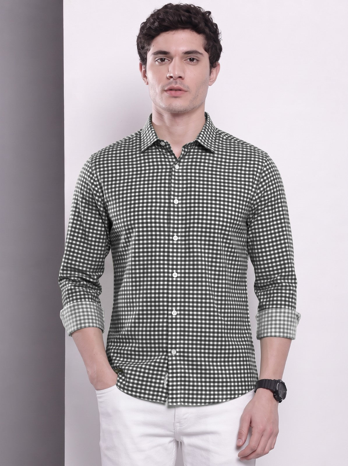 Men's Black Mini Gingham Checked Cotton Blend Casual Shirt