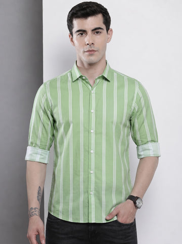 Men's Green Vertical Striped Cotton Blend Casual Shirt