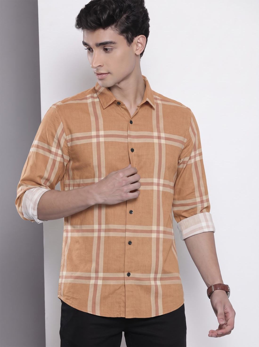 Men's Brown Checked Cotton Blend Casual Shirt by WOXEN – image 1 of 5