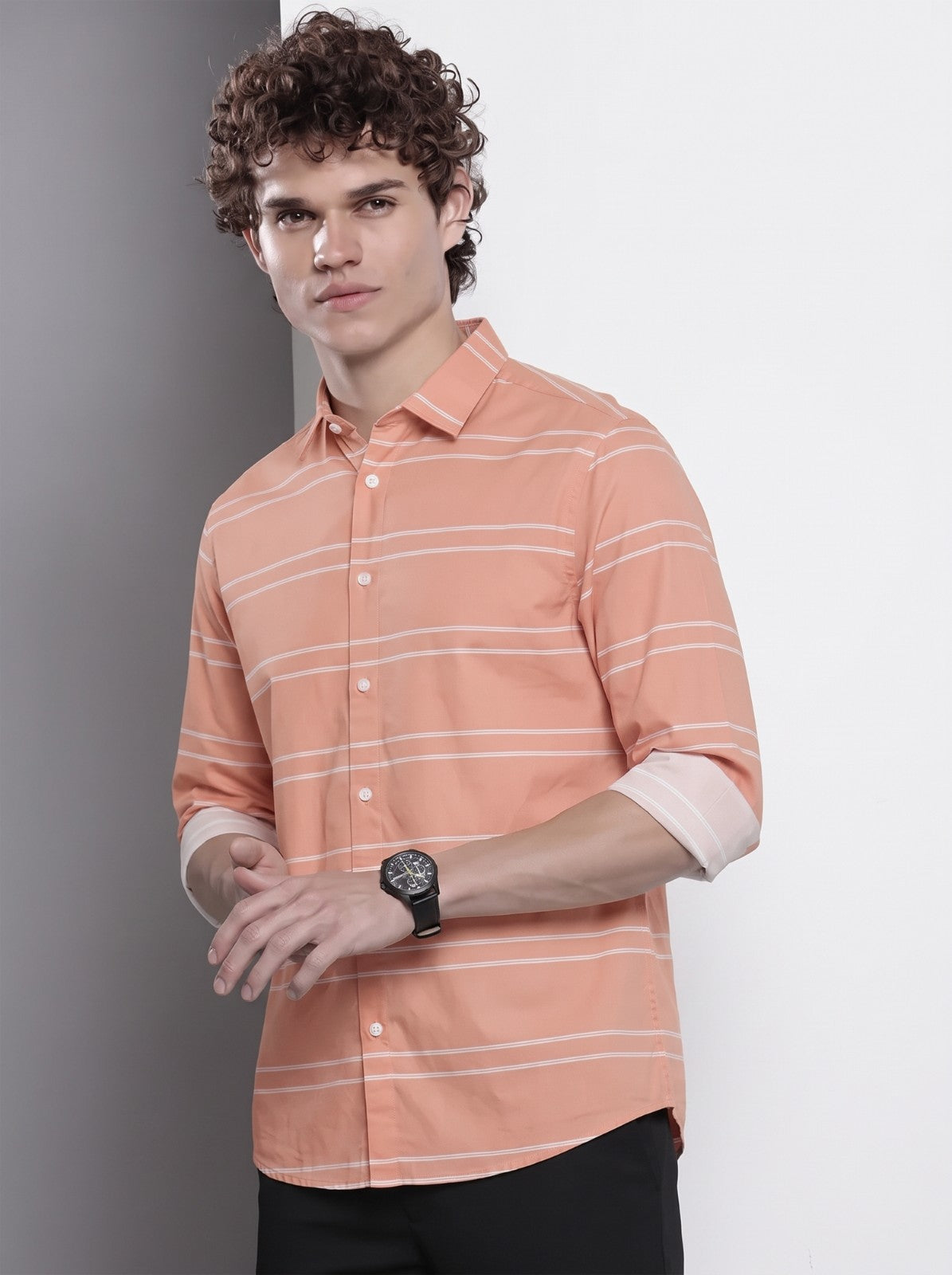 Men's Orange Horizontal Striped Cotton Blend Casual Shirt