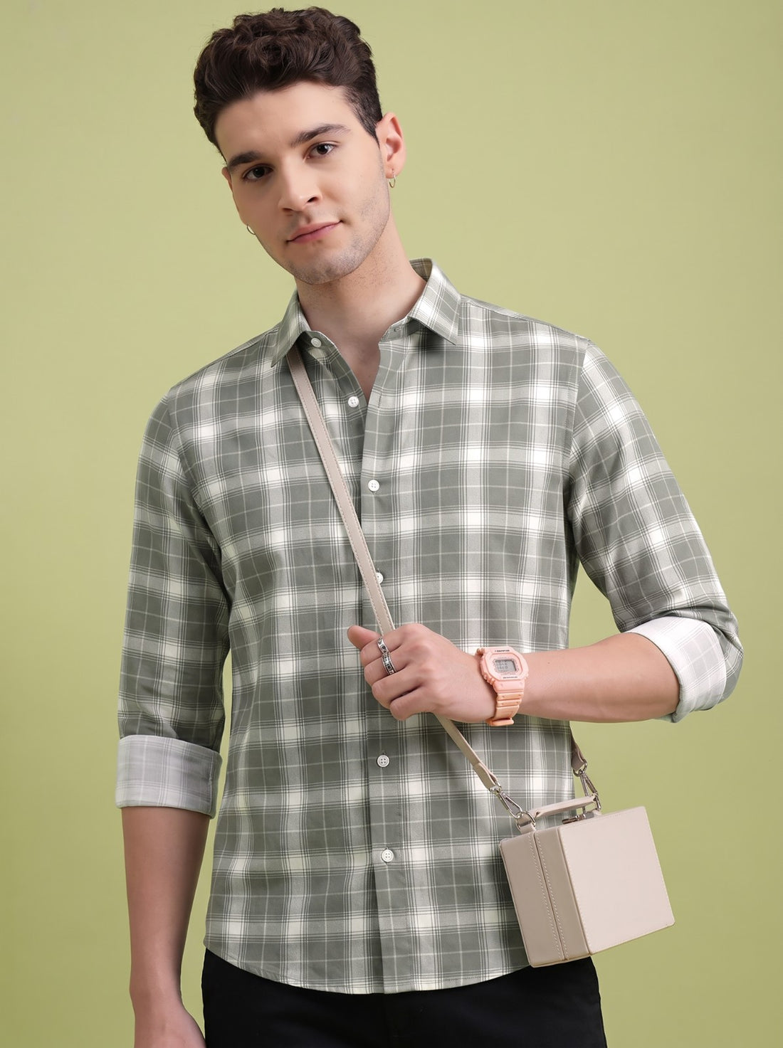 Men's Classic Grey Checked Cotton Blend Casual Shirt by WOXEN – image 1 of 5