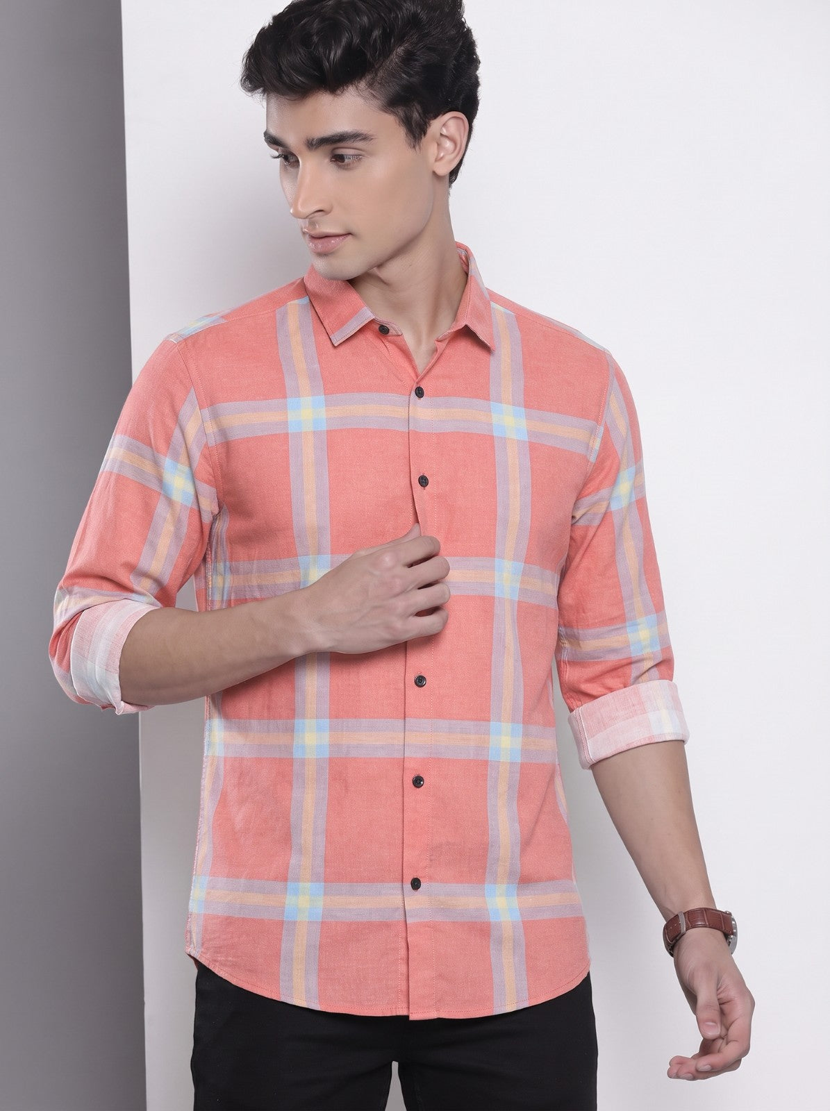 Men's Coral Pink Checked Cotton Blend Casual Shirt
