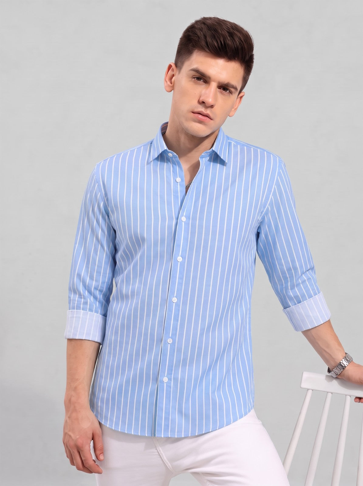 Men's Sky Blue Classic Pinstripe Cotton Blend Casual Shirt