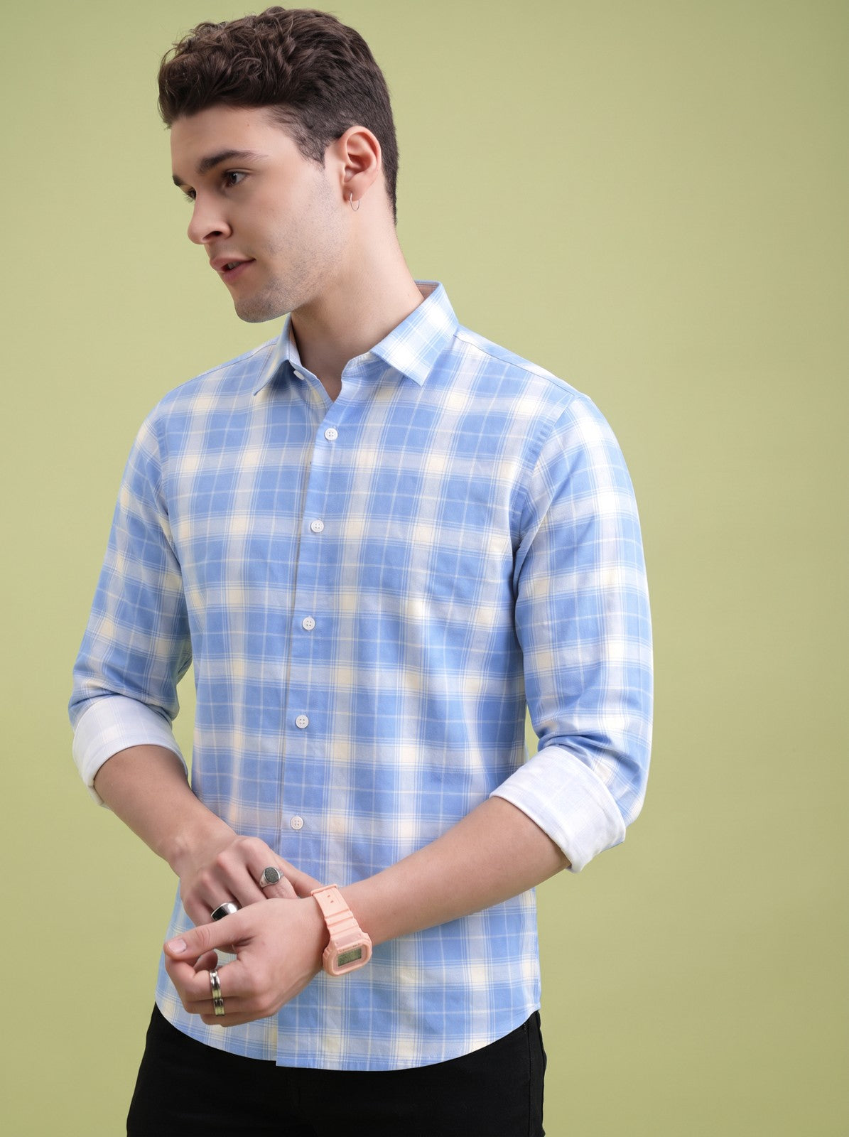 Men's Classic Blue Checked Cotton Blend Casual Shirt