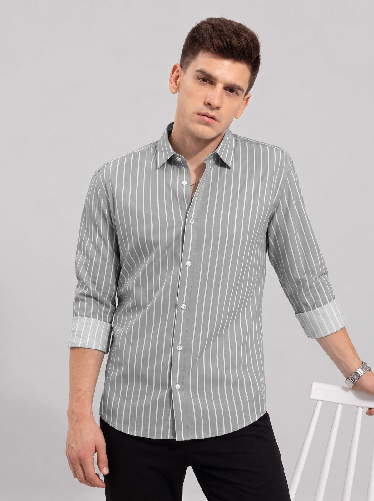 Men's Grey Classic Pinstripe Cotton Blend Casual Shirt