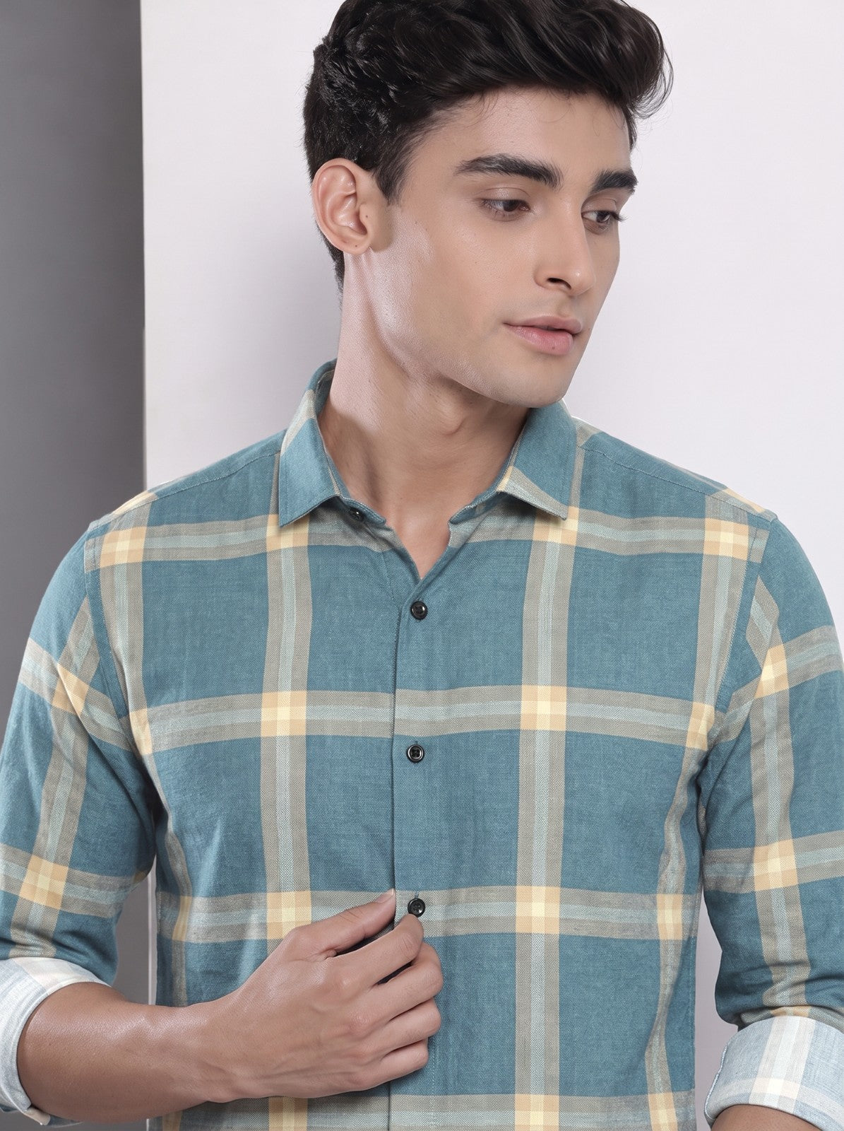 Men's Teal Blue Checked Cotton Blend Casual Shirt