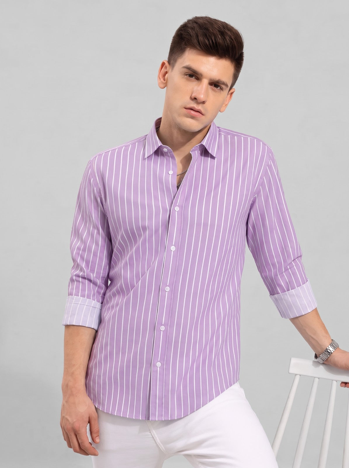 Men's Purple Classic Pinstripe Cotton Blend Casual Shirt